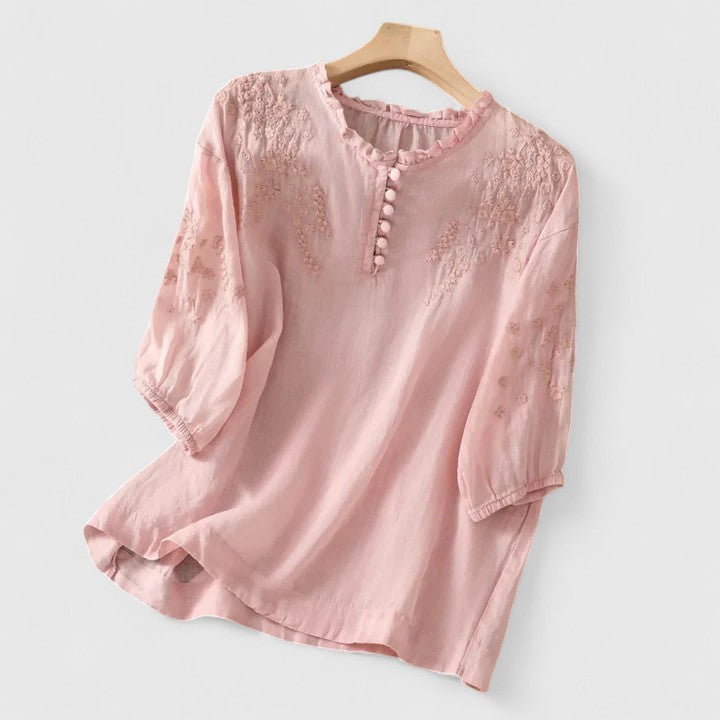 LANA™ | Sorelia – Blus i bomullsvoile med broderade axlar