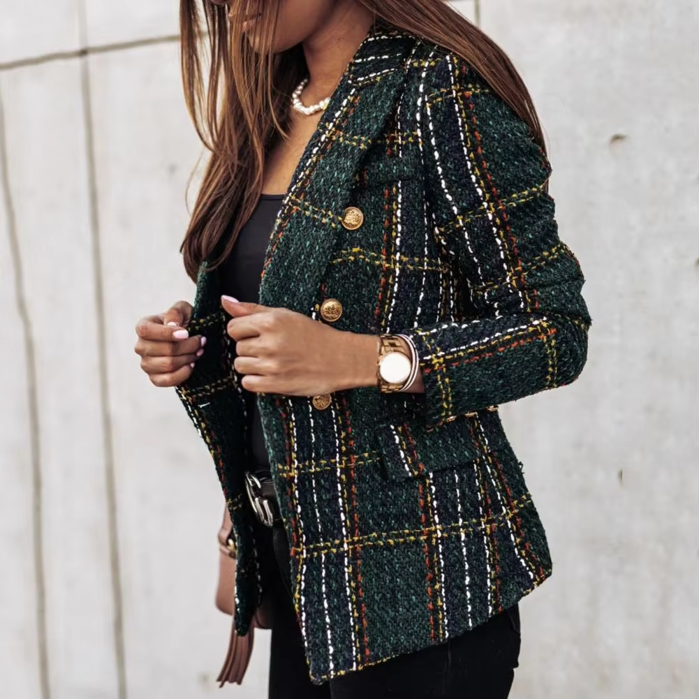 Avery™ - Modern Rutig Tryck Dubbelknäppt Vår Blazer