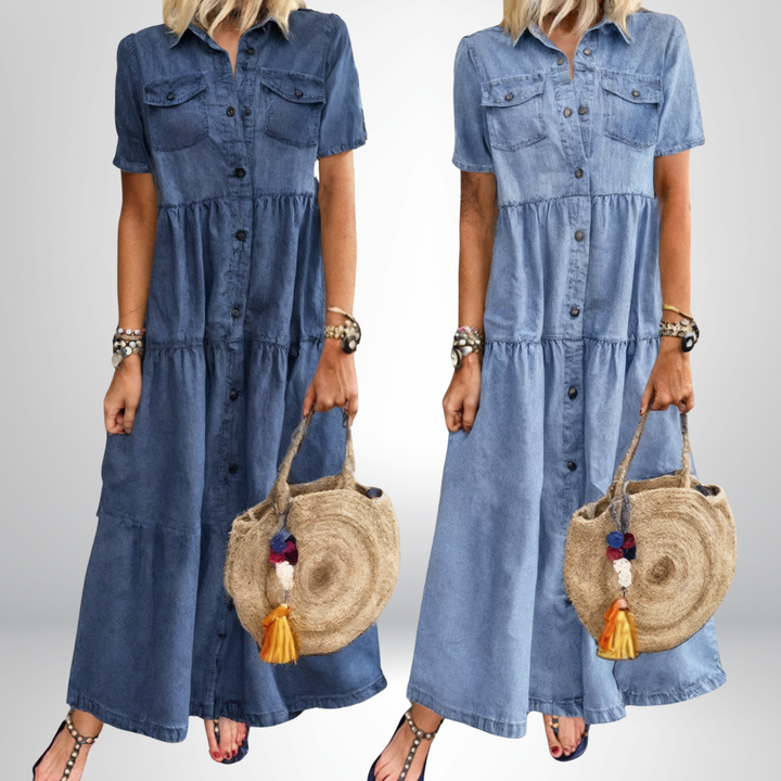 LANA™ | Majken - Mjuk, knäppt denimklänning