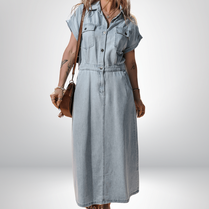 LANA™ | Isabelle - Denimklänning med eleganta, korta fladdermusärmar