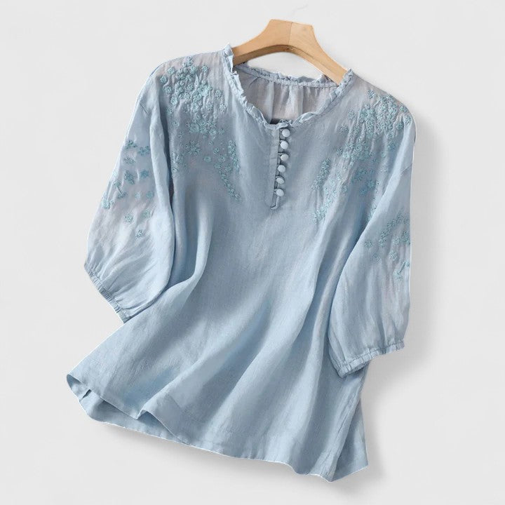 LANA™ | Sorelia – Blus i bomullsvoile med broderade axlar